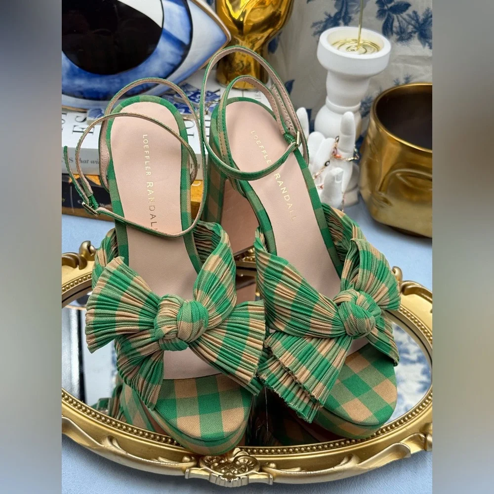 🆕 LOEFFLER RANDALL 🧿 NWOB Natalia Pleated Bow Platform Sandal, Plaid Green Sz7